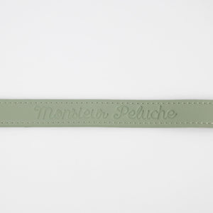 détail du logo monsieur peluche sur le colliers en cuir vert pour chien