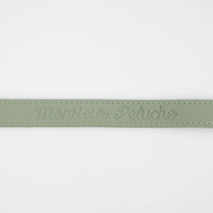 détail du logo monsieur peluche sur le colliers en cuir vert pour chien